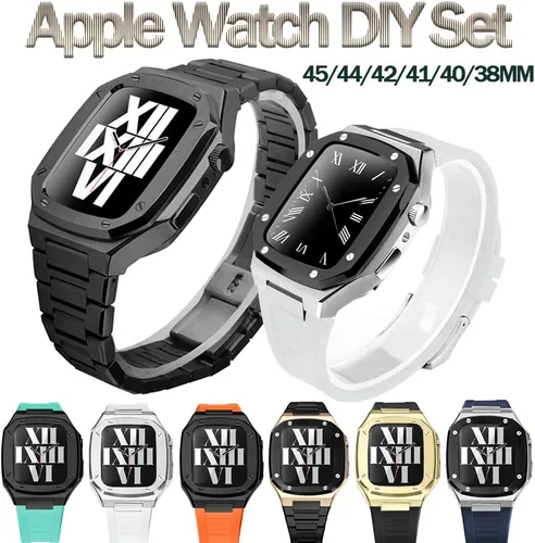 Miniatura 2 de Juego de correas de acero inoxidable de 1.614 pulgadas, 1.732 pulgadas, funda de metal para iWatch 8, 7, Series 6, SE, 5, 4, 1.575 pulgadas, kit