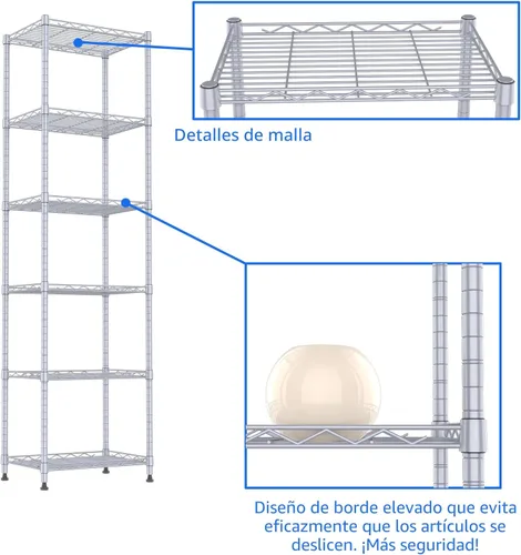 Miniatura 7 de REGILLER Estantería de Alambre de 6 Niveles de Acero, Unidad de Almacenamiento con Estantes Ajustables para Lavandería, Baño, Cocina, Despensa
