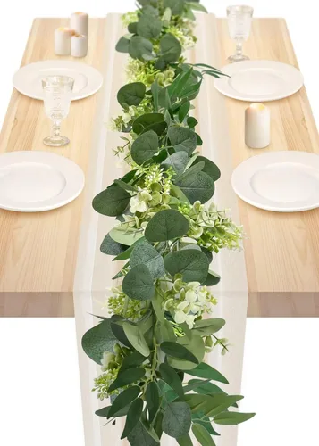 Miniatura 11 de Guirnalda de Eucalipto de 6 Pies, Enredaderas de Vegetación Artificial de Hiedra Tupida Mejorada con Flores Gypsophila y Hojas de Sauce