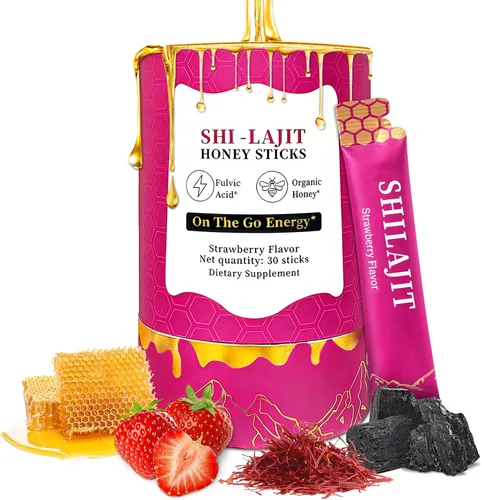 Palitos de miel Shilajit para mujer, palitos de miel de fresa con miel orgánica, shatavari y azafrán, sabor terroso y aromático, pajitas Shilajit
