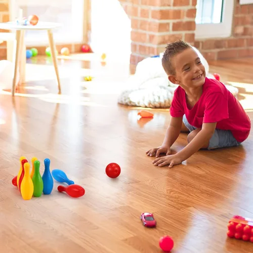 Miniatura 4 de Kisangel Mini juego de bolos para niños, 10 pines coloridos, 2 bolas, botellas de 4.33 pulgadas de alto, juego educativo de bolos para interiores