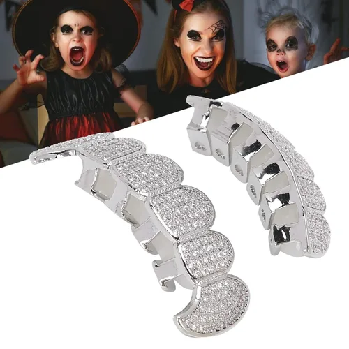 Miniatura 4 de Rejillas de dientes de cobre chapado en frío, oro plateado, dientes de diamante helados para hombres y mujeres rapero traje dientes joyería