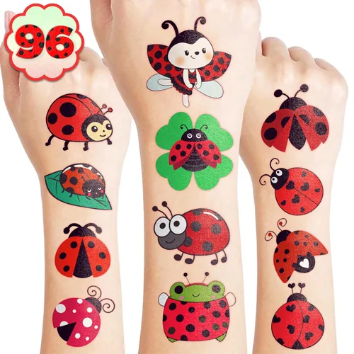 96 tatuajes temporales precortados de mariquita para niños, lindos tatuajes de insectos de Lady Beetle, recuerdos de fiesta, decoraciones de