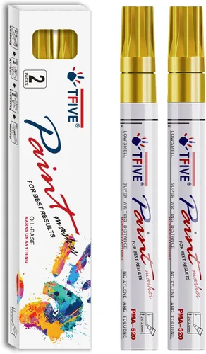 TFIVE Rotuladores de pintura permanente dorados, 2 rotuladores a base de aceite, punta media, impermeables y de secado rápido, para oficina,