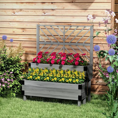 Miniatura 2 de Outsunny Cama de jardín elevada de 2 niveles con enrejado, maceta elevada de madera con agujeros de drenaje, forros, esquinas de metal, maceta Gris