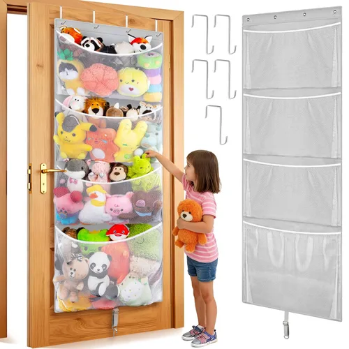 Woodoulogy Almacenamiento de Animales de Peluche Colgantes, Organizador Grande de Juguetes de Felpa Sobre la Puerta con Gancho de Metal, Idea de Gris