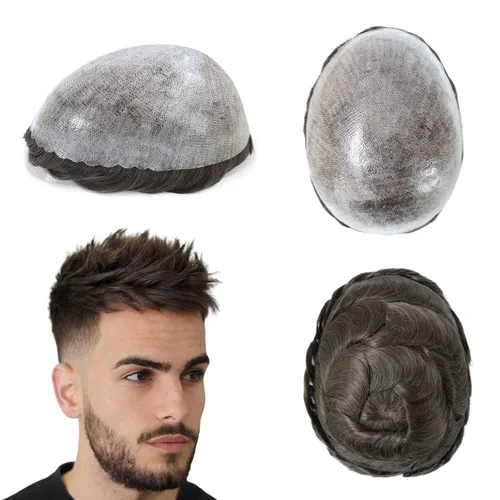 Miniatura 13 de HAIR NATURE Sistemas de reemplazo de cabello humano Toupee para hombre, 0.005 in, piel de polietileno inyectada, pelucas reales para hombres