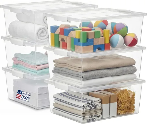 Tribello Paquete de 6 contenedores de almacenamiento de plástico apilables de 12 cuartos de galón con tapa, solución organizadora para manualidades,