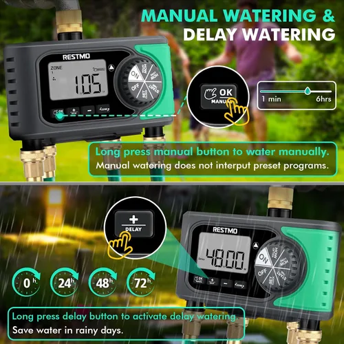 Miniatura 5 de RESTMO - Temporizador de aspersor de 4 salidas con entrada de latón, temporizador de agua programable de 4 zonas para manguera de jardín, control