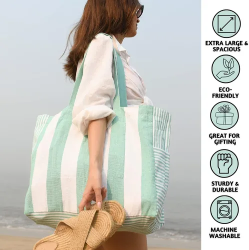 Miniatura 2 de Folkulture Bolsa de playa para mujer 17 x 14 pulgadas - Bolsa de playa 100% algodón con bolsillo con cremallera en el interior, bolsa de piscina