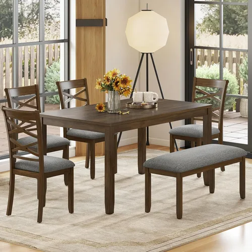 Miniatura 15 de Zevemomo Juego de mesa de comedor de madera maciza de 6 piezas, incluye 1 mesa de comedor, 4 sillas tapizadas y 1 banco, juego de mesa de comedor