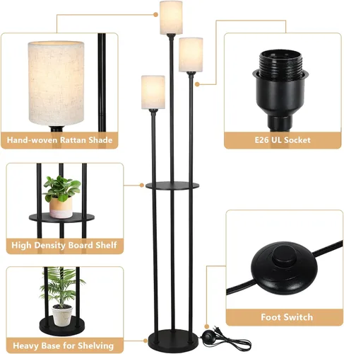 Miniatura 4 de Lámpara de pie con estantes, lámparas de pie modernas para sala de estar, lámpara de pie de 3 luces con pantalla de lino e interruptor de pie