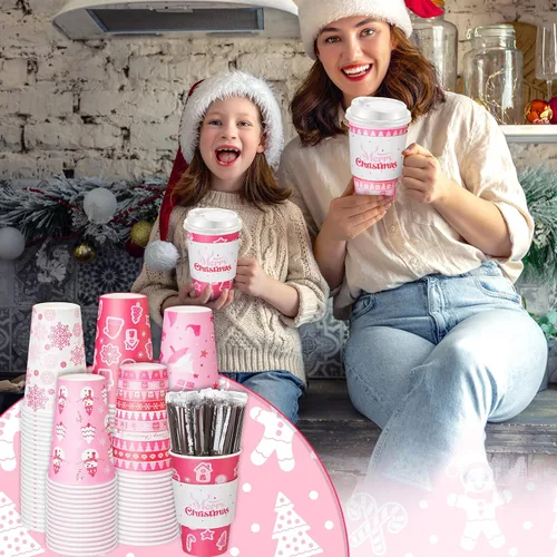 Miniatura 5 de Ziliny 100 juegos de tazas de papel de Navidad con manga y tapa con pajita, tazas de chocolate caliente y cacao para fiestas de Navidad, suministros