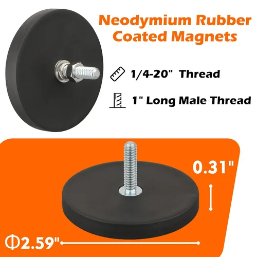 Miniatura 5 de MUTUACTOR Imanes fuertes y resistentes, imán de goma de neodimio antiarañazos de 60 libras 1/4-20 macho roscado, paquete de 2 potentes imanes