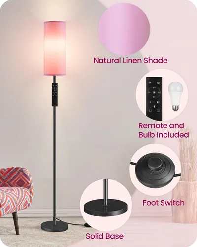 Miniatura 7 de Paquete de 2 lámparas de pie rosas regulables para sala de estar con 2 controles remotos e interruptor de pie, lámpara de pie de esquina, lámpara