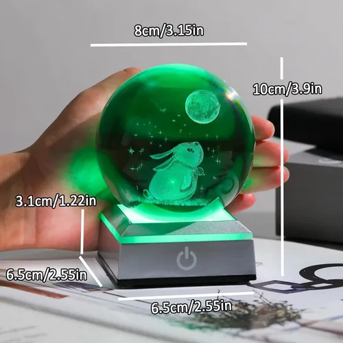 Miniatura 6 de Figura de bola de cristal grabada en 3D de conejo y estrellas de luna de 3.15 pulgadas con base de luz LED, decoración de esfera de conejo