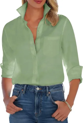 Miniatura 16 de Camisas con botones para mujer, camisa de vestir de manga larga, sin arrugas, con cuello, camisa de trabajo, casual, blusa de oficina