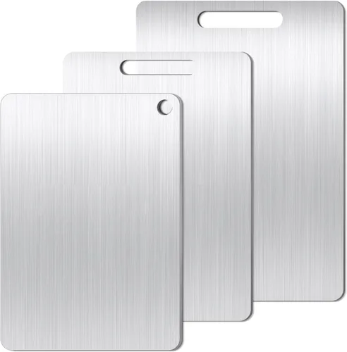Miniatura 8 de Juego de 3 tablas de cortar de titanio para cocina, tablas de cortar de doble cara de metal de grado alimenticio para encimera de cocina, carne