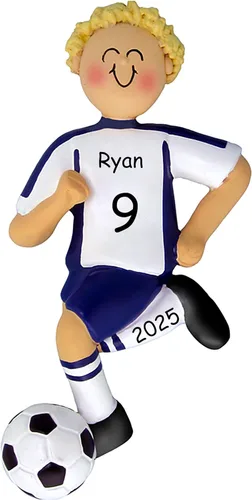 Miniatura 15 de Adorno de Navidad personalizado de fútbol, uniforme blanco y negro, niña, cabello rubio, bola de regate, resina pintada a mano, 4.5 pulgadas