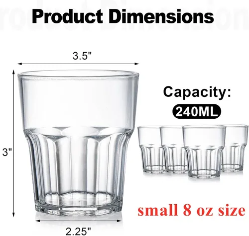 Miniatura 2 de Tebery Paquete de 8 vasos de plástico transparente, 8 onzas sin BPA, reutilizable, para agua potable, pequeño, apilable, irrompible