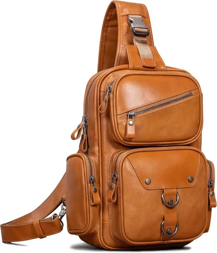 CENUNCO Bolso bandolera de cuero genuino para hombre, mochila cruzada, casual, senderismo, motocicleta, bolsa de pecho antirrobo, bolso de viaje