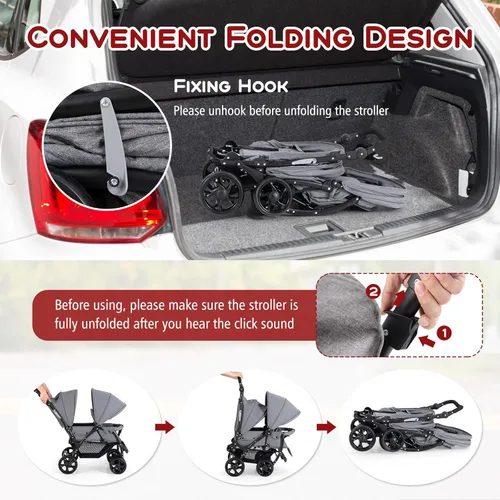 Miniatura 5 de HONEY JOY Cochecito Doble, Plegable Ligero para Bebés Gemelos con Asientos en Tándem, Arnés de 5 Puntos, Asiento Reclinable, Cesta de Gris