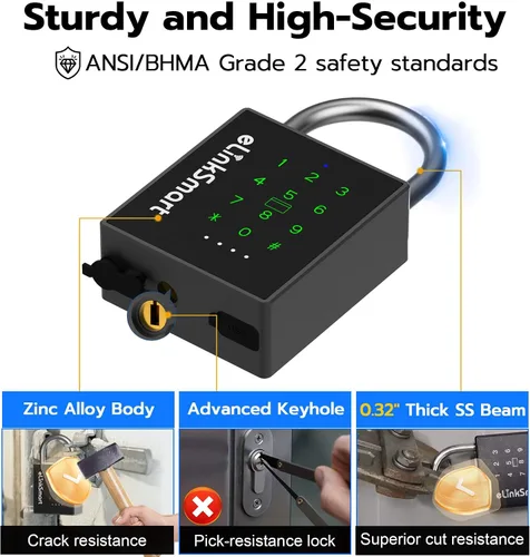Miniatura 4 de eLinkSmart Candado inteligente resistente con llave, bloqueo de almohadilla con teclado de código, resistente a la intemperie, Bluetooth RFID