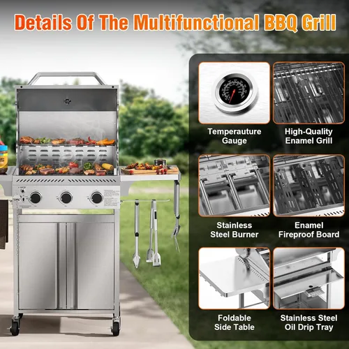 Miniatura 2 de Electactic G31 Parrilla de gas, parrilla de gas de 3 quemadores con mesas laterales plegables, parrilla BBQ de acero inoxidable de 24,000 BTU