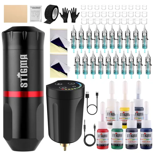 STIGMA Kit de tatuaje inalámbrico con bolígrafo de tatuaje giratorio, batería de tatuaje de 1400 mAh, 20 agujas de cartucho de tatuaje y 7 colores