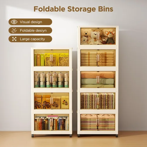Miniatura 8 de Contenedores de almacenamiento de plástico de 5 niveles con tapas, caja de almacenamiento plegable con puertas y ruedas, contenedores