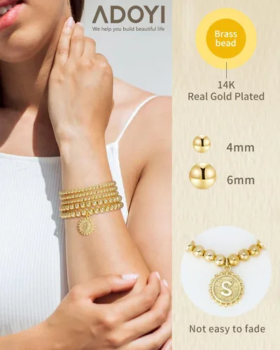 Miniatura 5 de adoyi Gold Silver Bracelets for Women Beaded Bracelet 14K Gold Plated Bracelet Stack Initial Letter A-Z Strand Stretch Bead Stackable Bracelet Set