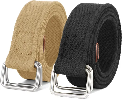Miniatura 7 de JASGOOD Cinturones de tela de lona para hombre, cinturones casuales de tela con hebilla de doble anillo negro, paquete de 2