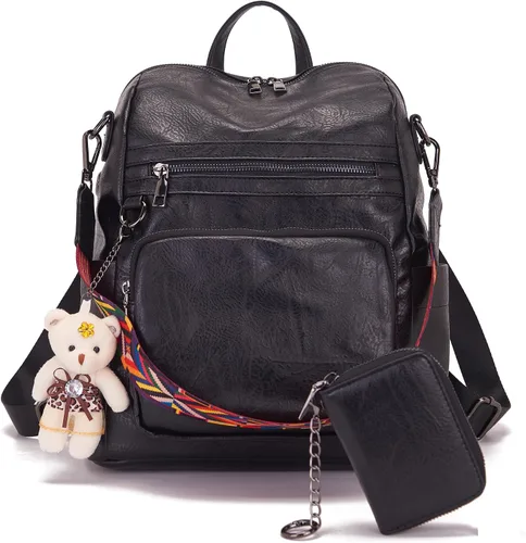 Miniatura 2 de Qiyuer Mochila de piel sintética para mujer, bolso de hombro convertible de viaje para mujer, color negro
