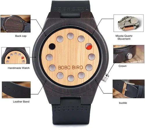Miniatura 3 de BOBO BIRD Reloj de madera de bambú para hombre con correa de cuero de vaca negra, 12 agujeros, diseño temporizador, relojes deportivos casuales