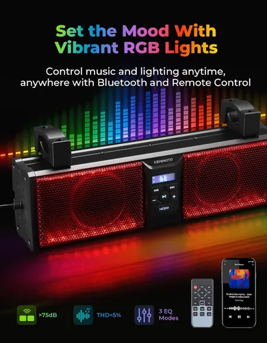 Miniatura 3 de KEMIMOTO Sistema de barra de sonido UTV de 2.1 canales, barra de sonido ATV de 17 pulgadas con luces RGB BT5.3 IP66 impermeable, subwoofer de techo