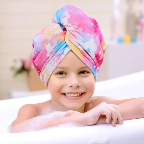 Miniatura 7 de WAWSAM Paquete de 2 toallas de secado de cabello para niños, toalla de microfibra para el cabello para niñas, gorro de pelo de secado rápido con Azul
