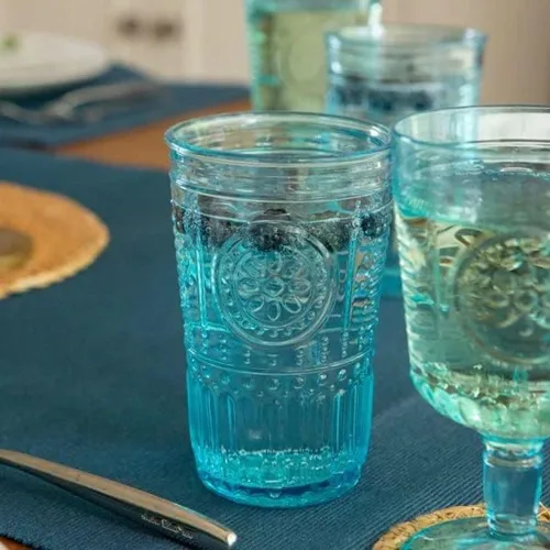 Miniatura 3 de Bormioli Rocco Juego Romántico de 4 Vasos Tumbler, 11.5 Oz. Cristal de Vidrio de Color, Azul Claro, Fabricado en Italia.