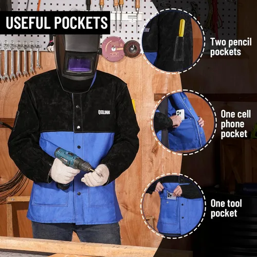 Miniatura 2 de QeeLink Chaqueta de soldadura mangas de cuero divididas Chaquetas de soldador híbridas de cuerpo de algodón resistente al fuego prémium