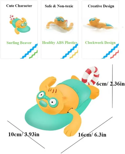 Miniatura 7 de Pull String Baby Bath Toy Pull & Go Beaver Lindo Castor de surf Castor de natación Castor Windup Reloj Juguete de bañera para niños pequeños (azul)