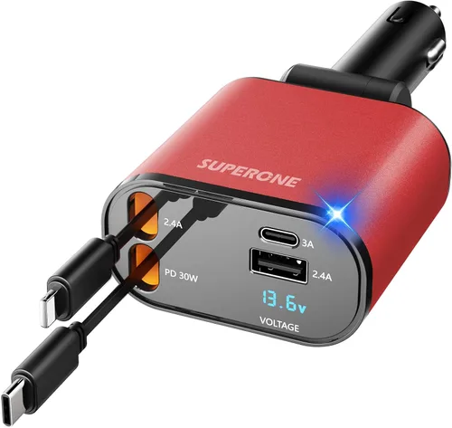 Miniatura 11 de SUPERONE - Cargador retráctil para automóvil 4 en 1, cargador de teléfono rápido para automóvil con cable de 2.6 pies, USB C y adaptador