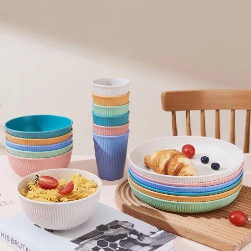 Miniatura 2 de Juego de vajilla de paja de trigo de 18 piezas HXYPN irrompible y reutilizable Juego de tazas de cocina, platos y cuencos aptos para lavavajillas