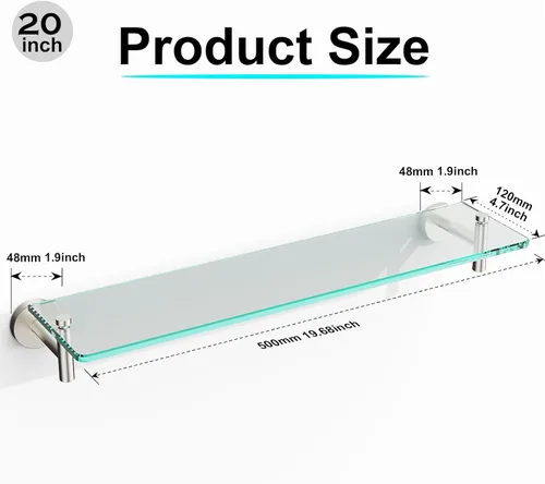 Miniatura 3 de Estantes de vidrio para baño, estante flotante de 20 pulgadas de níquel cepillado, estante de vidrio templado de acero inoxidable, estantes modernos