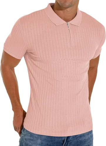 Miniatura 2 de Askdeer Camisas tipo polo con cremallera para hombre, ajustadas, casuales, elásticas, de punto acanalado, con cremallera