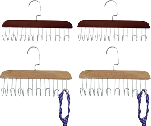 4 soportes de madera para cinturones, colgador multifuncional para cinturón de madera con 8 ganchos de metal, organizador de perchas de madera para
