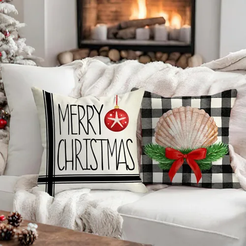 Miniatura 2 de Fahrendom Juego de 4 fundas de almohada decorativas náuticas de Feliz Navidad, 18 x 18 pulgadas, funda de almohada con ancla de Navidad costera