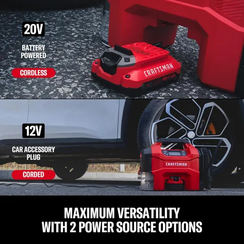 Miniatura 7 de CRAFTSMAN Inflador de neumáticos 3 en 1, compresor de aire portátil de 160 PSI/aspiradora de automóvil/soplador de polvo, 20 V inalámbrico y 12 V