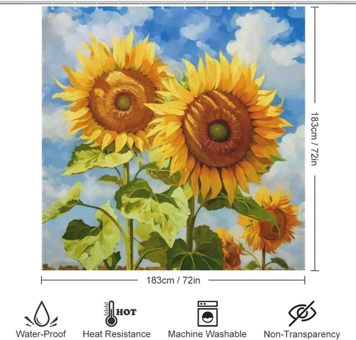 Miniatura 6 de YLATY2314 - Cortina de ducha de girasol para baño, pintura al óleo, hojas verdes, flores, bohemio, tela amarilla abstracta, moderna, impermeable