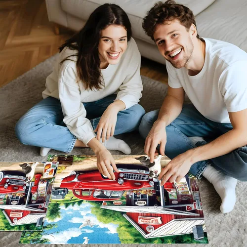 Miniatura 4 de Rompecabezas de 1000 piezas para adultos, rompecabezas de tienda de campo con coche rojo, perro y escena de pueblo rústico, rompecabezas escénico al
