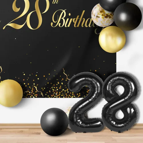 Miniatura 6 de Globos de Feliz 28º Cumpleaños Conjunto Negro Decoración - Brindis por los 28 Años Guirnalda Temática de Fiesta Banner Telón de Fondo Decoraciones