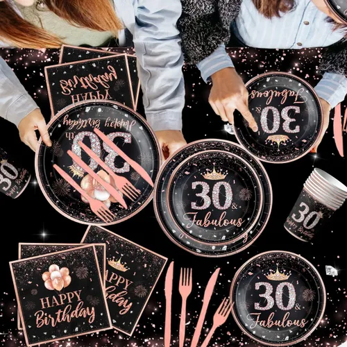 Miniatura 5 de 142 piezas de vajilla de 30 cumpleaños para mujer, suministros de fiesta de cumpleaños de 30 años de color oro rosa para ella, mantel desechable, 30